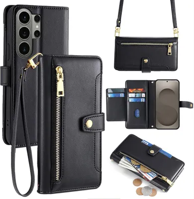 Produktbild von Handykette Samsung Galaxy S26 Ultra Hülle mit Band Handyhülle Kartenfächer Kunstleder Umhängetasche in Schwarz