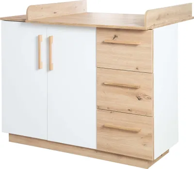 Produktbild von roba Wickelkommode 'Lion' - mit abnehmbarem Wickelansatz - 3 Schubladen & 2 Drehtüren - Weiß / Holzdekor 'Artisan Eiche'