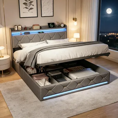 Produktbild von INONEFT Boxspringbetten Polsterbett 160x200 mit LED & USB/C,Hydraulisches Bett mit Stauraum Kopfteil,Doppelbett Bettgestell mit Lattenrost,Leinen,Grau