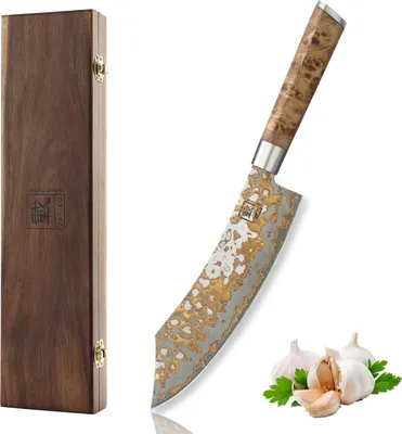 Produktbild von MysticMagma Blockmesser I 20 cm Klinge aus 67 Lagen Damaststahl mit Kupfer- und Bronze-Einlage I DualCurve Griff aus Ahornwurzelholz I Holzbox