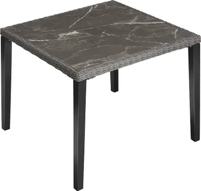 A square table with a marble-like top and woven sides, supported by four black legs, is shown against a white background.