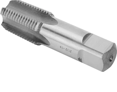A close-up, studio shot of a metal tap tool.