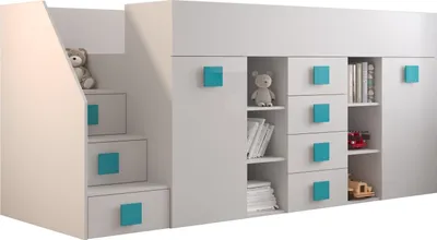 Produktbild von Etagenbett für Kinder Toledo 3 Stockbett mit Treppe, Schreibtisch, Bettkasten (Weiß/Weiß Glanz + türkise Griffe, Seite: Links)