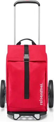 A red reisenthel shopping trolley with black wheels and handle.