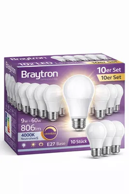 Produktbild von Braytron 10x LED Lampe E27 9W stufenlos Dimmbar – A60 LED Birne 806lm – 60W Ersatz – 4200K Neutralweiß