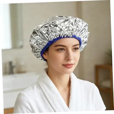 Productafbeelding van Aluminiumfolie wegwerp warmtekapjes met een elastische hoofdband, voor diep reinigende verzorging en bescherming van de hoofdhuid, ideaal voor gebruik in de badkamer en tijdens het douchen, zilverkleurig