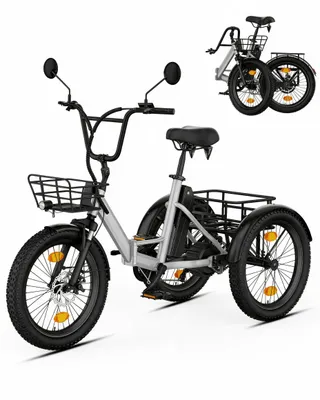 Produktbild von 20" Fat Tire E-Bike Dreirad Klappbar, Elektro Lastenfahrrad Erwachsene, 36V 10.4Ah, 250W Motor, Differential, 286kg Zuladung, Doppelkorb, Grau