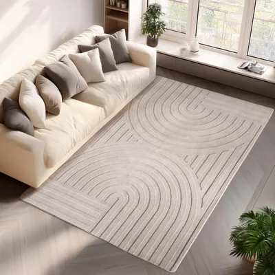 Produktbild von Boho-skandinavischer Teppich in einfarbigem Creme, weich, pflegeleicht, waschbar, 3D-Effekt, Teppich für Wohn- und Schlafzimmer 200 x 290 cm