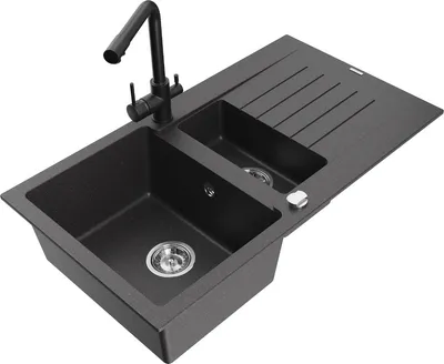 Produktbild von Mexen Matias 1,5-Becken-Granitspüle mit Abtropffläche und Mischbatterie Duero, Schwarz gesprenkelt - 6502-76-671600-70