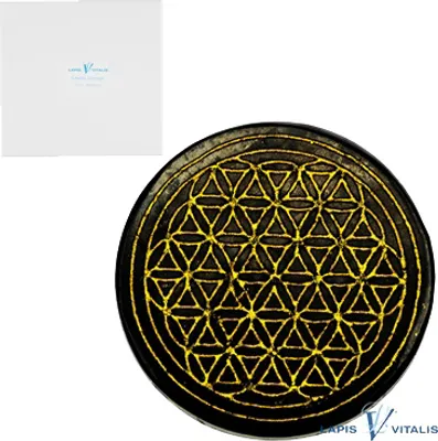 Produktbild von Schungit Untersetzer schwarzer Schungit Edelstein Blume des Lebens Gold