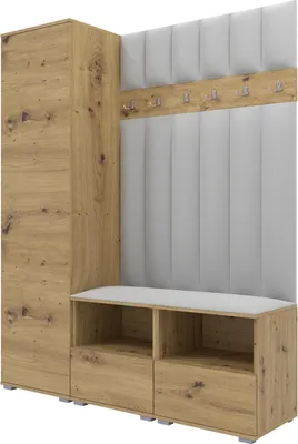 Produktbild von Garderoben-Set Nela II LUX, gepolsterte Garderobe 150 cm mit Doppel-Sitzbank, Wandpaneelen und Stauraum (Farbe: Artisan Eiche + Trinity 32)