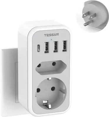 Produktbild von Reiseadapter USA mit 3 Steckdosen und 1 USB-C-Anschluss - EU-Reiseadapter für die USA, 15W, 3A - EU-zu-USA-Adapter mit 2 Wechselstromsteckdosen