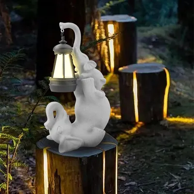 Image de Figurine éléphant avec lanterne solaire Figurine de jardin en résine Résistante aux intempéries Gris foncé