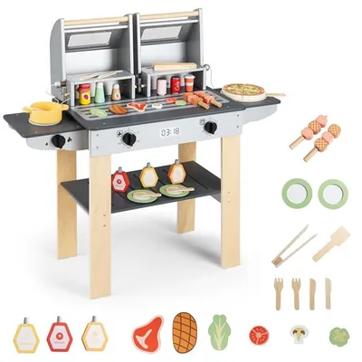 Produktbild von KOMFOTTEU Kinder Grill Spielzeug aus Holz, BBQ Kindergrill-Spielset mit 2 Grillrosten, Verschlussdeckeln, Transparente Fenster, Drehknöpfe, Zubehör & Stauraum, Barbecue Küchenspielzubehör für Jungen und Mädchen ab 3 Jahren