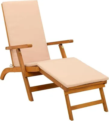 Imagen del producto de Tumbona plegable de madera, tumbona de jardín con cojín, silla reclinable con respaldo ajustable de madera maciza de acacia, tumbona de madera para balcón, tumbona de relax, color beige