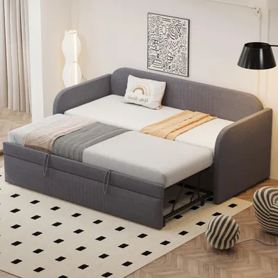 Obrázek produktu pro MODFU Rozkládací postel rozkládací postel 90/180x190 cm s laťkovým roštem, dřevěná postel denní postel dětská postel, lněná látka šedá (bez matrace)