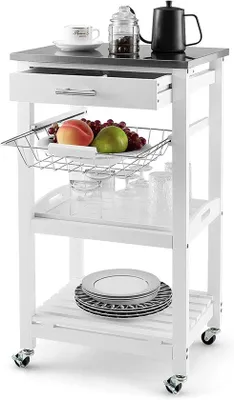 Productafbeelding van Famanu keukentrolley met roestvrijstalen werkblad, lade en wielen - 47x39x85 cm