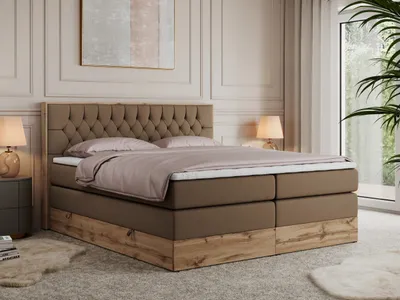 Produktbild von MKS MEBLE King Boxspringbett 180x200 mit Bettkasten Eiche, Polsterbett 180x200 mit Matratze H3, Bett 180x200 mit Kopfteil, Bett mit Holzrahmen in Wotan Eiche - Braun Kunstleder - Amore King