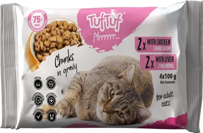 Immagine prodotto di Cibo umido per gatti TufTuf bustine 4x100g - 2x pollo, 2x fegato