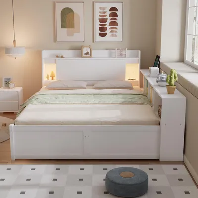 Produktbild von okwish Schlafsofa 140x200 Kinderbett ohne Matratze mit Ladebuchse und seitlichen Stauschränken,Jugendbett mit zwei Leuchten und Ablagefach auch Schubladen,Weiß