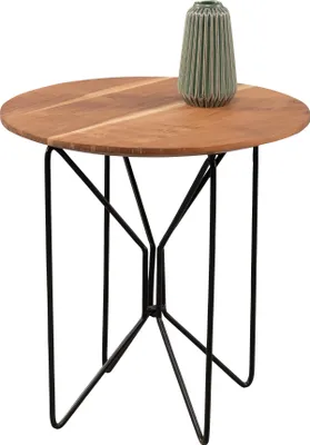 A round wooden table with a green vase on top, set against a white background.