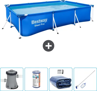 Produktbild von Bestway Rectangular Steel Pro Swimmingpool – 300 x 201 x 66 cm – Blau – inklusive Pumpe Filter - Sonnensegel - Reinigungskit