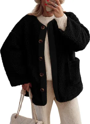 Produktbild von ASKSA Damen Wintermaentel Sherpa Fleecejacke Fuzzy Langarm Button Up Casual Warm Jacken mit Taschen (Schwarz,XL)
