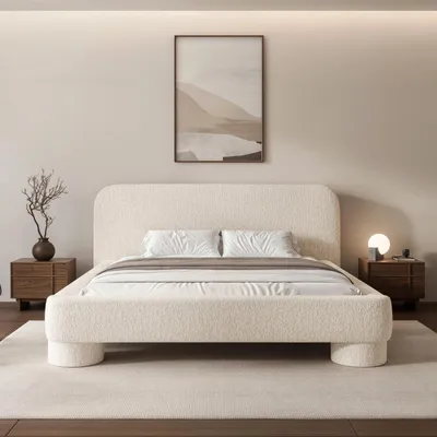 Produktbild von Polsterbett Frederico 180x200 cm Cremeweiß Chenille – Doppelbett mit Bettkasten, Lattenrost, rundes Kopfteil