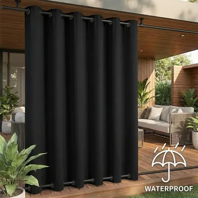 Produktbild von 1 Stück Schwarz Outdoor Vorhang Wetterfest Wasserdicht Mit ösen Oben Und Unten Verdunkelungsvorhang Outdoorvorhänge Blickdicht Vorhänge Gardinen Für Balkon Terrasse Garten Patio, 254x213cm