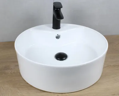 Produktbild von Keramik Waschbecken rund Ø460x155 weiß mit Überlauf Aufsatzwaschbecken mit Pop-Up Ablauf schwarz-matt
