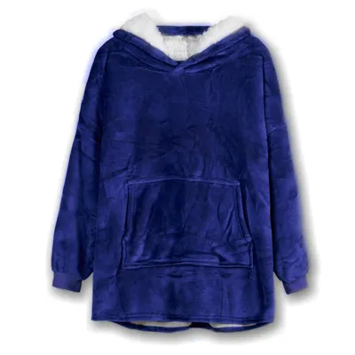A dark blue fleece hoodie with a white fuzzy lining is laid flat against a white background.
