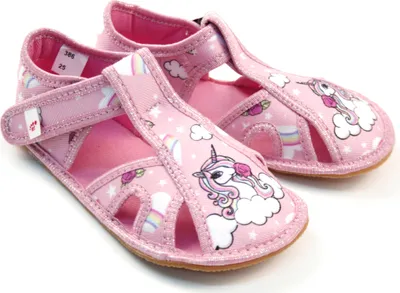 Produktbild von Mädchen Hausschuhe BAREFOOT EF 386 Pink Unicorn Rosa Einhorn Klettverschluss