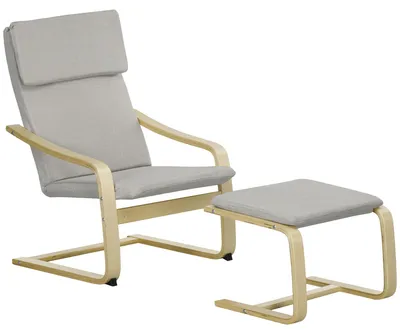 Produktbild von HOMCOM Relaxsessel mit Hocker, Armlehnen, Leinenoptik, Holzgestell, Hellgrau