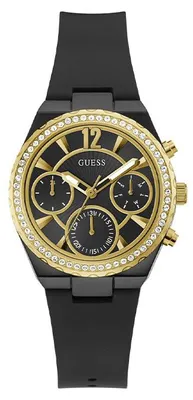 Produktbild von Guess Damenuhr Diana, 36,5 mm Gehäuse, Schwarz-Goldfarben, Silikonarmband, Kristallsteine, 5 Bar wasserdicht