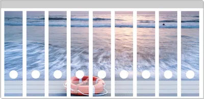 Produktbild von Wallario Ordnerrücken Sticker, selbstklebend für breite Ordner, 9 Stück, Motiv Rettungsring am Strand bei Sonnenuntergang