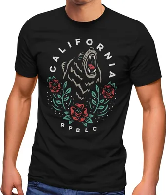 Produktbild von Herren T-Shirt Califonia Kalifornien Bär Blumen Blüten Fashion Streetstyle Neverless® schwarz XXL