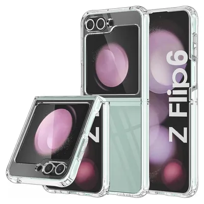 Three clear phone cases for a foldable phone are displayed against a white background.