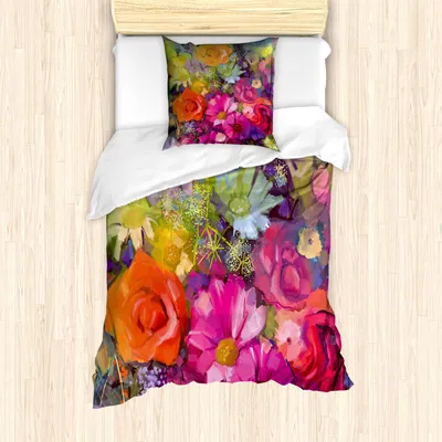 Zdjęcie produktu dla Zestaw pościeli ABAKUHAUS, żywy bukiet kwiatów z stokrotkami, piwoniami i gerberami, romantyczny wzór, 135 x 200 cm + 80 x 80 cm, wielokolorowy
