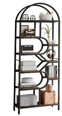 Image de Bibliothèque - Bibliothèque ouverte sur pied - 206 cm de haut - 9 étagères - Structure métallique - Design incurvé - Noir et marron