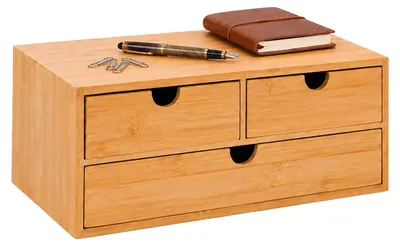 Imagen del producto de Caja con cajones Relaxdays, de bambú, con 3 cajones, ideal para oficina y espacio de trabajo en casa, dimensiones: 13,5 x 33 x 21 cm, organizador de escritorio, color natural, Imagen generada por IA