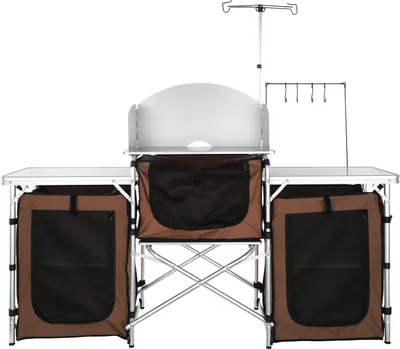 Image de Cuisine de camping Armoire de camping 174 x 176 x 46 cm, Cuisine de table avec mât de lampe & crochet Cuisine de voyage, Boîte de cuisine pliable Outdoor Châssis en aluminium Armoire de cuisine Cuisinière de camping pour le camping, le pique-nique, etc.