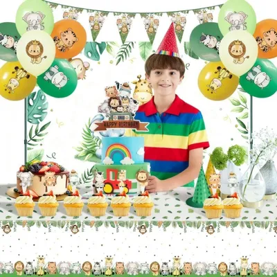 Image de Solidchoice - Ensemble de décorations pour anniversaire sur le thème de la jungle, comprenant une nappe et des ballons
