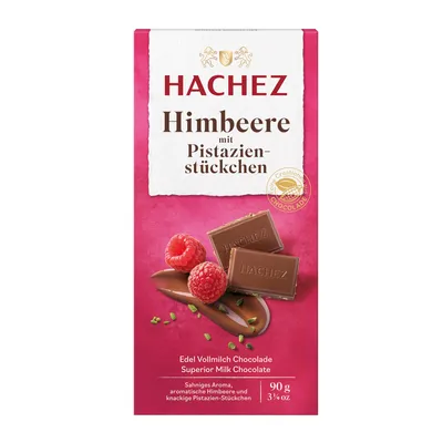 Immagine prodotto di Hachez lampone con pezzi di pistacchio cioccolato al latte 90g
