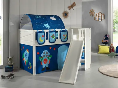 Produktbild von VIPACK - Spielbett SCOTT, LF 90 x 200 cm, mit Rolllattenrost, Rutsche, Leiter und Textilset Vorhang, Tunnel und 3 Taschen "Astro"