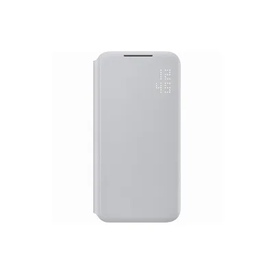 A light gray Samsung LED View Cover for a Samsung Galaxy S22 is shown against a white background. The cover has a small LED display showing the time.
