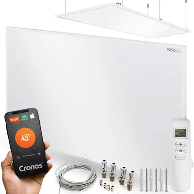 Immagine prodotto di Set di pannelli radianti a infrarossi in grafene CRONOS GP-1100TWP, colore bianco, con supporto a soffitto incluso