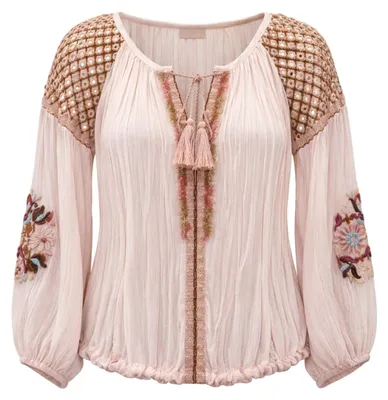 Miss June Damen Bluse Russlla Langarm, Viskose-Chiffon mit Spiegelschultern – Farbe Pfirsich, Produktansicht auf weißem Hintergrund, KI-generiertes Bild