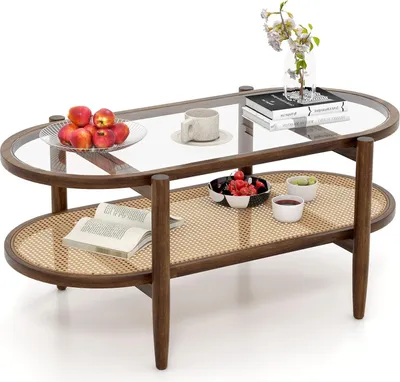 Produktbild von GOPLUS Couchtisch Natur, ovaler Kaffeetisch mit Glas-Tischplatte & Akazienholzrahmen, Beistelltisch Wohnzimmertisch für Büro & Zuhause, 102 × 56 × 47 cm