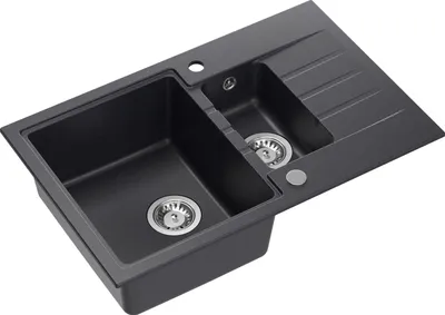 Produktbild von QUADRON Spülbecken 1,5-Becken Spüle | Größe: 78 x 50 x 20 cm | PETER 156 | Küchenspüle Granitspüle aus GraniteQ mit Siphon | Schwarz & Stahl