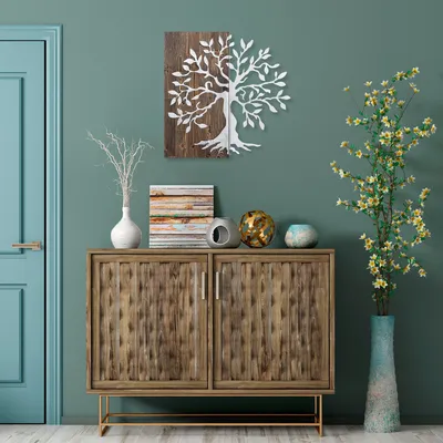 Obrázek produktu pro Wallity, Strom- SKL2232, barva ořech,|,Stříbrná, Ostatní bytové dekorace, 58 x 58 cm, 50% dřevo (tloušťka: 3 cm) / 50% kov (tloušťka: 1
